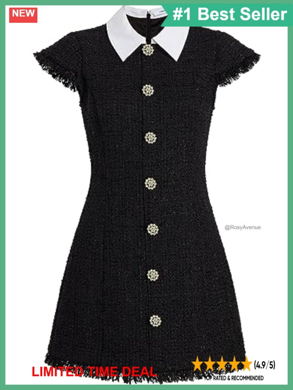 Tweed Dress with Jeweled Buttons Collared Neck Cap Sleeve